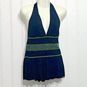 Marciano Boho Halter Top Shirred Plunge V-Neck Black Metallic Medium